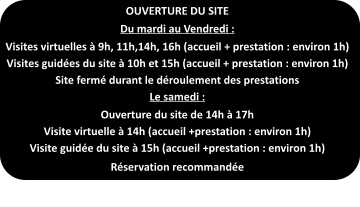 OUVERTURE DU SITE  Du mardi au Vendredi : Visites virtuelles à 9h, 11h,14h, 16h (accueil + prestation : environ 1h) Visites guidées du site à 10h et 15h (accueil + prestation : environ 1h) Site fermé durant le déroulement des prestations Le samedi : Ouverture du site de 14h à 17h Visite virtuelle à 14h (accueil +prestation : environ 1h) Visite guidée du site à 15h (accueil +prestation : environ 1h) Réservation recommandée