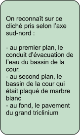 On reconnaît sur ce cliché pris selon l’axe sud-nord :  - au premier plan, le conduit d’évacuation de l’eau du bassin de la cour. - au second plan, le bassin de la cour qui était plaqué de marbre blanc - au fond, le pavement du grand triclinium