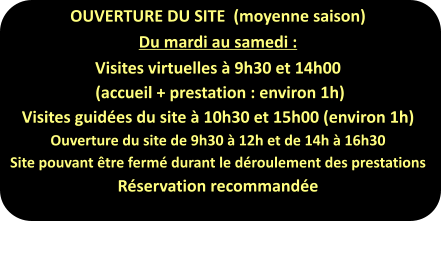 OUVERTURE DU SITE  (moyenne saison) Du mardi au samedi : Visites virtuelles à 9h30 et 14h00  (accueil + prestation : environ 1h) Visites guidées du site à 10h30 et 15h00 (environ 1h) Ouverture du site de 9h30 à 12h et de 14h à 16h30 Site pouvant être fermé durant le déroulement des prestations Réservation recommandée