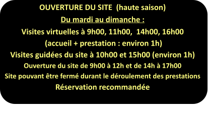 OUVERTURE DU SITE  (haute saison) Du mardi au dimanche : Visites virtuelles à 9h00, 11h00,  14h00, 16h00  (accueil + prestation : environ 1h) Visites guidées du site à 10h00 et 15h00 (environ 1h) Ouverture du site de 9h00 à 12h et de 14h à 17h00 Site pouvant être fermé durant le déroulement des prestations Réservation recommandée