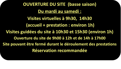 OUVERTURE DU SITE  (basse saison) Du mardi au samedi : Visites virtuelles à 9h30,  14h30  (accueil + prestation : environ 1h) Visites guidées du site à 10h30 et 15h30 (environ 1h) Ouverture du site de 9h00 à 12h et de 14h à 17h00 Site pouvant être fermé durant le déroulement des prestations Réservation recommandée